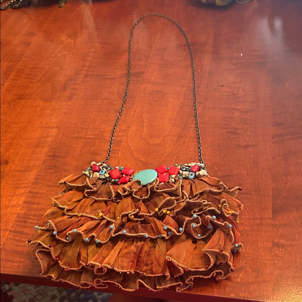 Mary Frances Ruffled bag with Red and Turquoise Beads